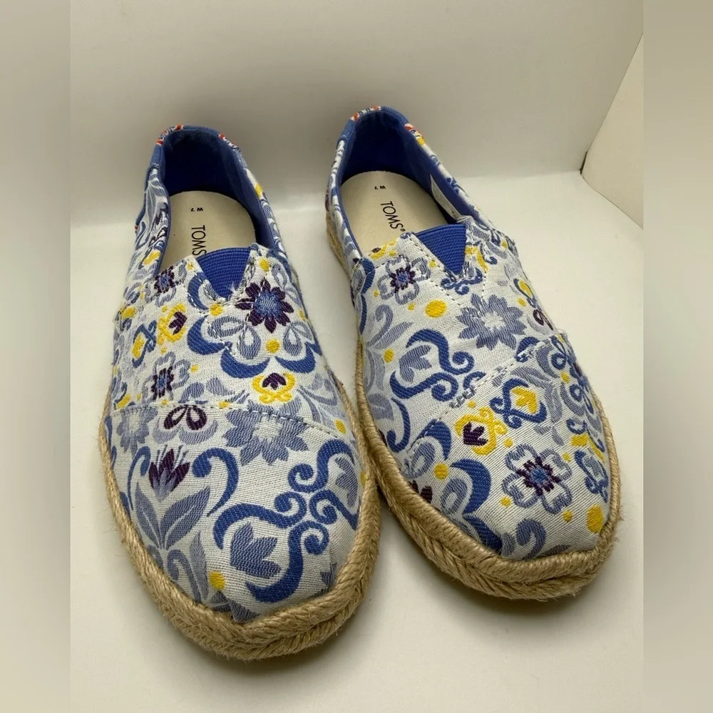 TOMS Women’s Alpargata Rope Espadrilles in Blue Mediterranean Tiles Print Sz 7